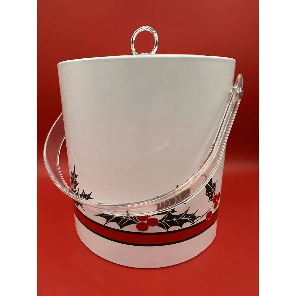 Vintage Christmas Holly Ice Bucket With Acrylic Lucite Handle Retro